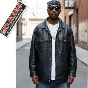 VINTAGE 90s/Y2K Mojeans Maurice Malone Black Leather Trucker Jacket Size 3XL
